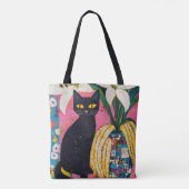 Funny Black Cat and Flower Vase Tote Bag (Achterkant)