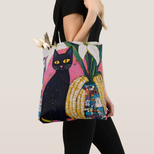 Funny Black Cat and Flower Vase Tote Bag (Dichtbij)