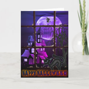 Funny Black Cat and Old House Halloween Card Kaart
