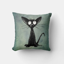 Funny Black Cat Art over een  blauw groen Kussen