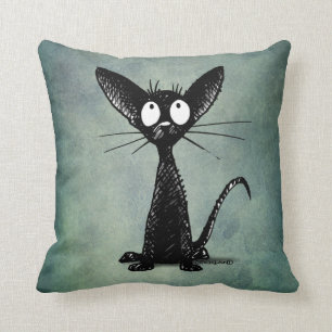 Funny Black Cat Art over een  blauw groen Kussen