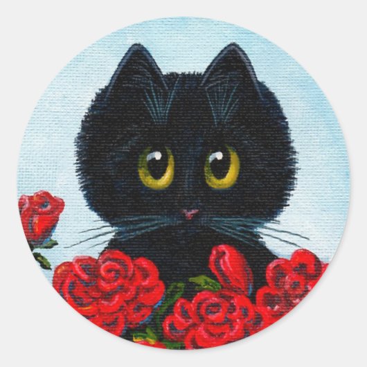 Funny Black Cat Art Rozen Creationarts Ronde Sticker (Voorkant)