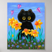 Funny Black Cat Art Spring Daffodils Creationarts Poster (Voorkant)