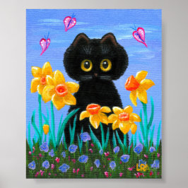 Funny Black Cat Art Spring Daffodils Creationarts Poster