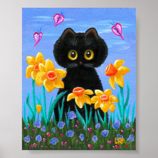 Funny Black Cat Art Spring Daffodils Creationarts Poster (Voorkant)