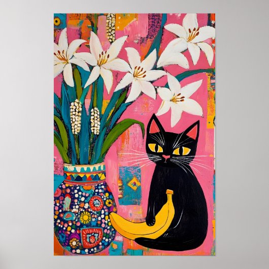 Funny Black cat Banana and Flower Vase  Poster (Voorkant)