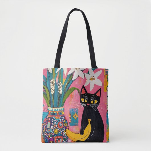 Funny Black cat Banana and Flower Vase Tote Bag (Voorkant)