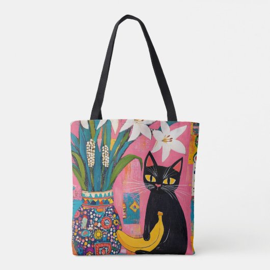 Funny Black cat Banana and Flower Vase Tote Bag (Achterkant)