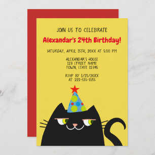 Funny Black Cat Birthday Party Kaart