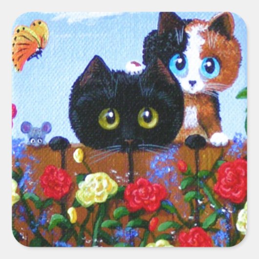 Funny Black Cat Calico Butterfly Creationarts Vierkante Sticker (Voorkant)