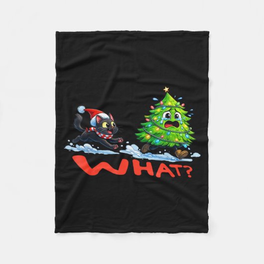 Funny Black Cat Chasing Christmas Tree Over Cat Wh Fleece Deken (Voorkant)