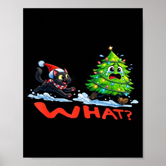 Funny Black Cat Chasing Christmas Tree Over Cat Wh Poster (Voorkant)