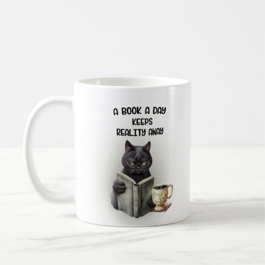 Funny Black Cat Coffee Book Day Houdt de realiteit Koffiemok (Links)