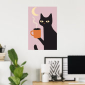 Funny Black Cat Coffee Moon Poster (Thuiskantoor)