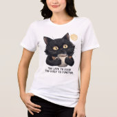 Funny Black Cat Coffee T-Shirt – Too Late to Sleep (Voorkant)