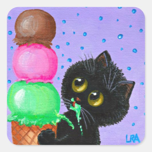 Funny Black Cat Creationarts Square Sticker (Voorkant)