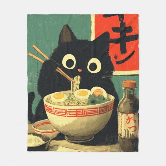 Funny Black Cat Eating Ramen Fleece Deken (Voorkant)