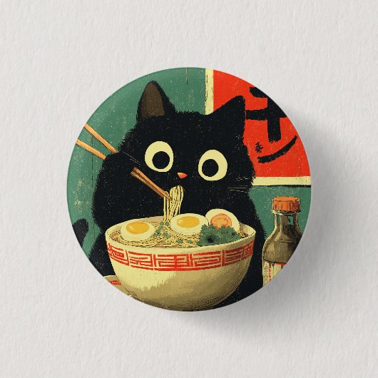 Funny Black Cat Eating Ramen Ronde Button 3,2 Cm (Voorkant)