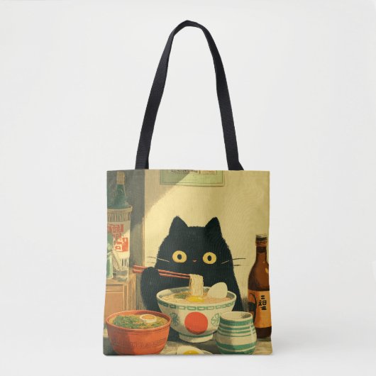 Funny Black Cat Eating Ramen Tote Bag (Voorkant)