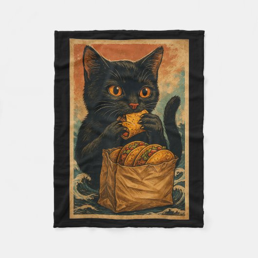 Funny Black Cat Eating Tacos Retro Japanese  Fleece Deken (Voorkant)