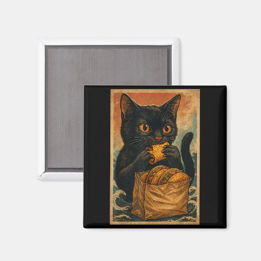 Funny Black Cat Eating Tacos Retro Japanese Magneet (Voorkant / Achterkant)
