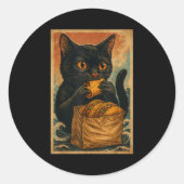 Funny Black Cat Eating Tacos Retro Japanese  Ronde Sticker (Voorkant)