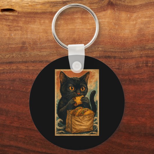 Funny Black Cat Eating Tacos Retro Japanese  Sleutelhanger (Voorkant)