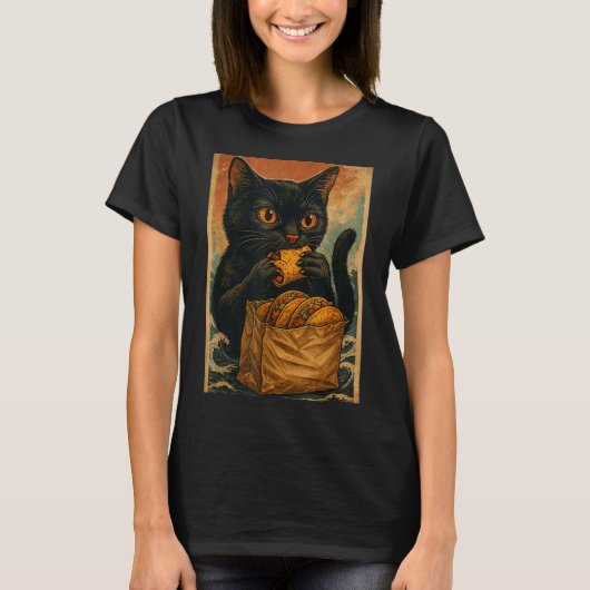 Funny Black Cat Eating Tacos Retro Japanese T-shirt (Voorkant)