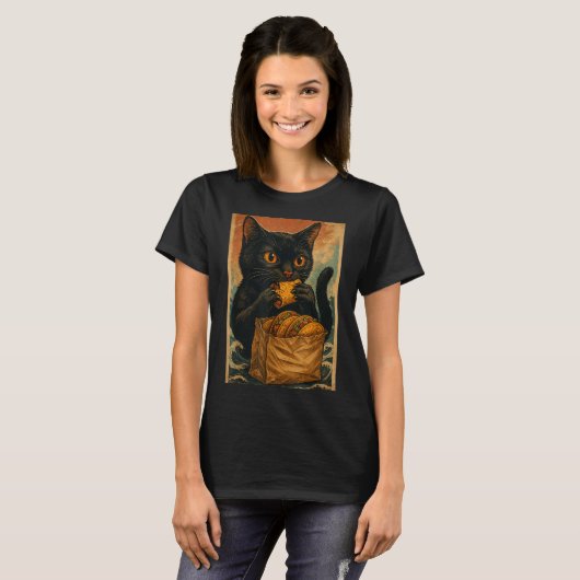 Funny Black Cat Eating Tacos Retro Japanese  T-shirt (Voorkant volledig)