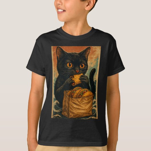 Funny Black Cat Eating Tacos Retro Japanese  T-shirt (Voorkant)