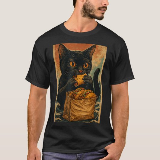 Funny Black Cat Eating Tacos Retro Japanese T-shirt (Voorkant)
