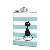 Funny black cat elegant strepen babyblauw monogram heupfles (Links)