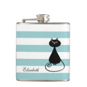 Funny black cat elegant strepen babyblauw monogram heupfles (Voorkant)