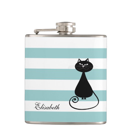 Funny black cat elegant strepen babyblauw monogram heupfles (Voorkant)