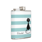 Funny black cat elegant strepen babyblauw monogram heupfles (Rechts)