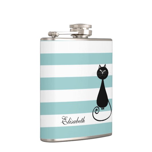 Funny black cat elegant strepen babyblauw monogram heupfles (Rechts)