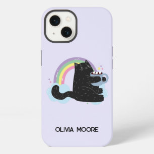 Funny Black Cat en Marshmallow iPhone 13 Hoesje