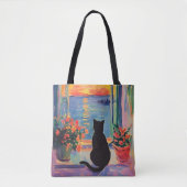 Funny Black cat enjoying the sunset Tote Bag (Voorkant)