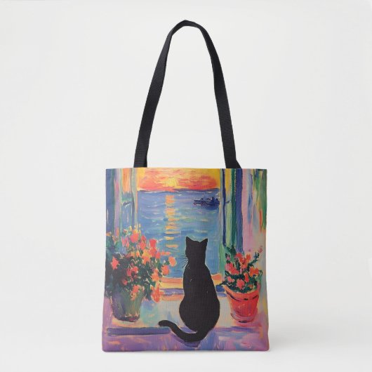 Funny Black cat enjoying the sunset Tote Bag (Voorkant)
