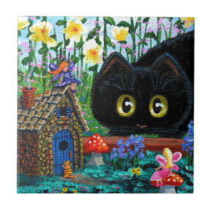 Funny Black Cat Fairy Garden Cottage Tegeltje