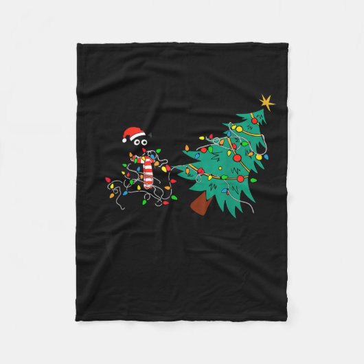 Funny Black Cat Gift Pushing Christmas Tree Over C Fleece Deken (Voorkant)