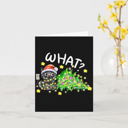 Funny Black Cat Gift Pushing Christmas Tree Over C Kaart (Gele Bloem)