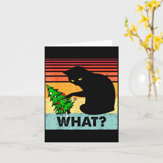 Funny Black Cat Gift Pushing Christmas Tree Over C Kaart (Gele Bloem)