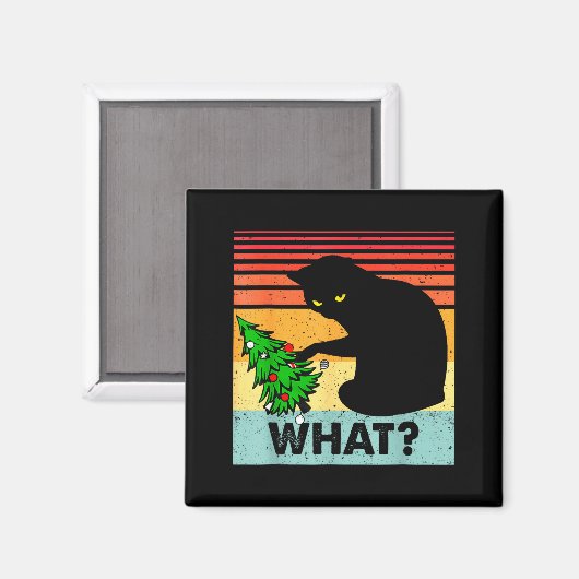 Funny Black Cat Gift Pushing Christmas Tree Over C Magneet (Voorkant / Achterkant)