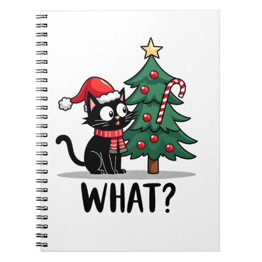 Funny Black Cat Gift Pushing Christmas Tree Over C Notitieboek (Voorkant)