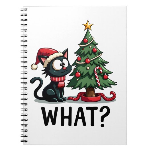 Funny Black Cat Gift Pushing Christmas Tree Over C Notitieboek (Voorkant)