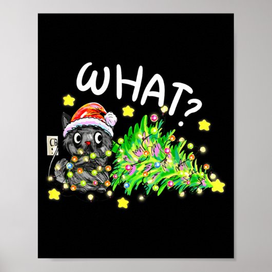 Funny Black Cat Gift Pushing Christmas Tree Over C Poster (Voorkant)