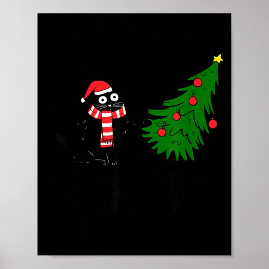 Funny Black Cat Gift Pushing Christmas Tree Over C Poster (Voorkant)