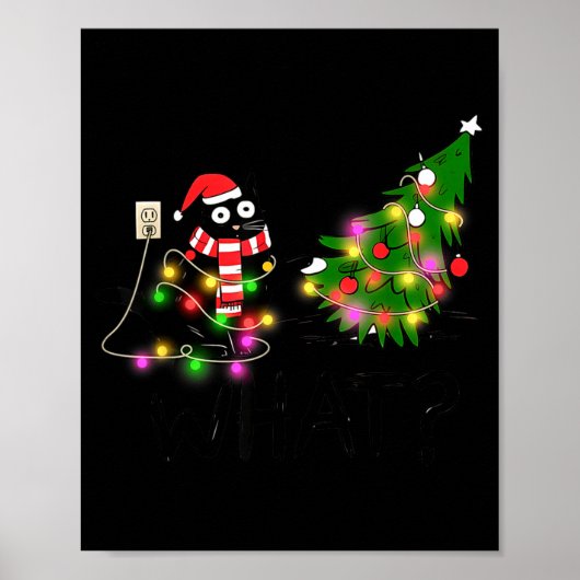 Funny Black Cat Gift Pushing Christmas Tree Over C Poster (Voorkant)