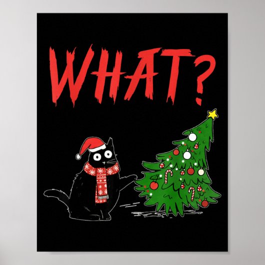 Funny Black Cat Gift Pushing Christmas Tree Over C Poster (Voorkant)